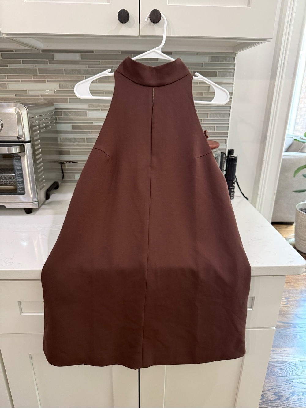 Sleeveless High-Neck Mini Dress in Deep Brown
